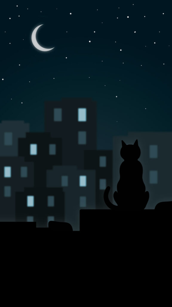 cat night city wallpaper illustration